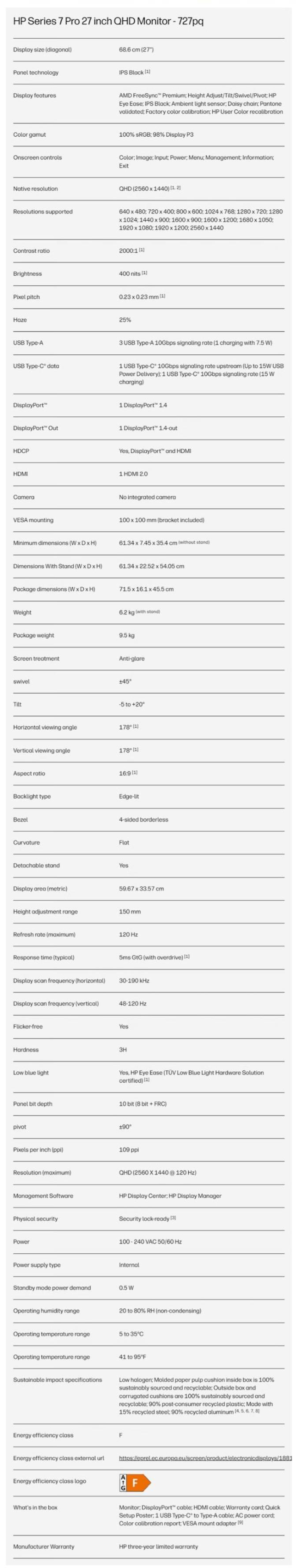 惠普 727pq 27 英寸 16:9 显示器上架：2K 分辨率、120Hz 刷新率，2999 元