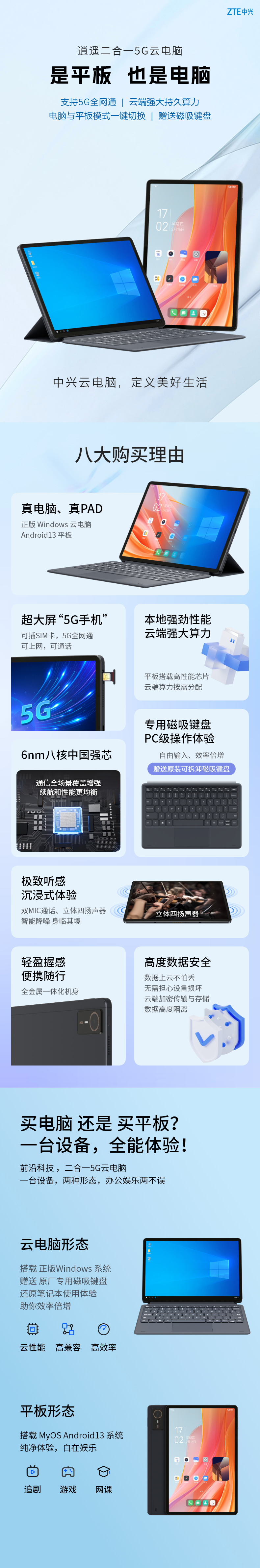 中兴“全球首款二合一 5G 云电脑”逍遥 W200DS 开售：展锐 T760、可切换本地 / 云模式，1899 元