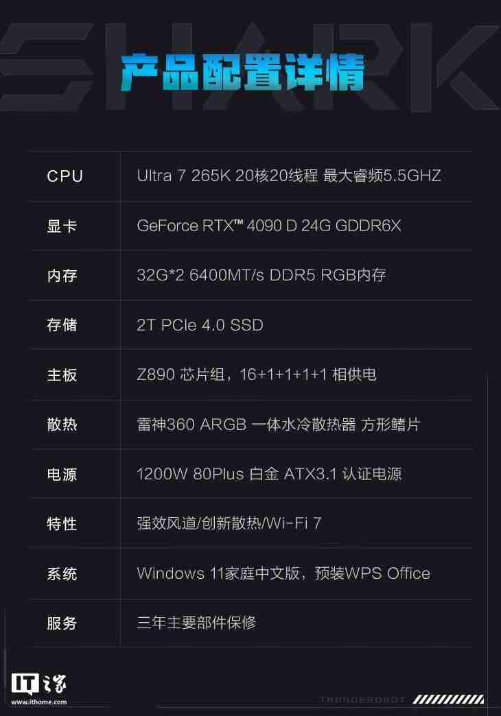 雷神黑武士・Shark 台式机新增配置“Ultra 7 265K + 64G + 2T + RTX 4090D”首销，26999 元