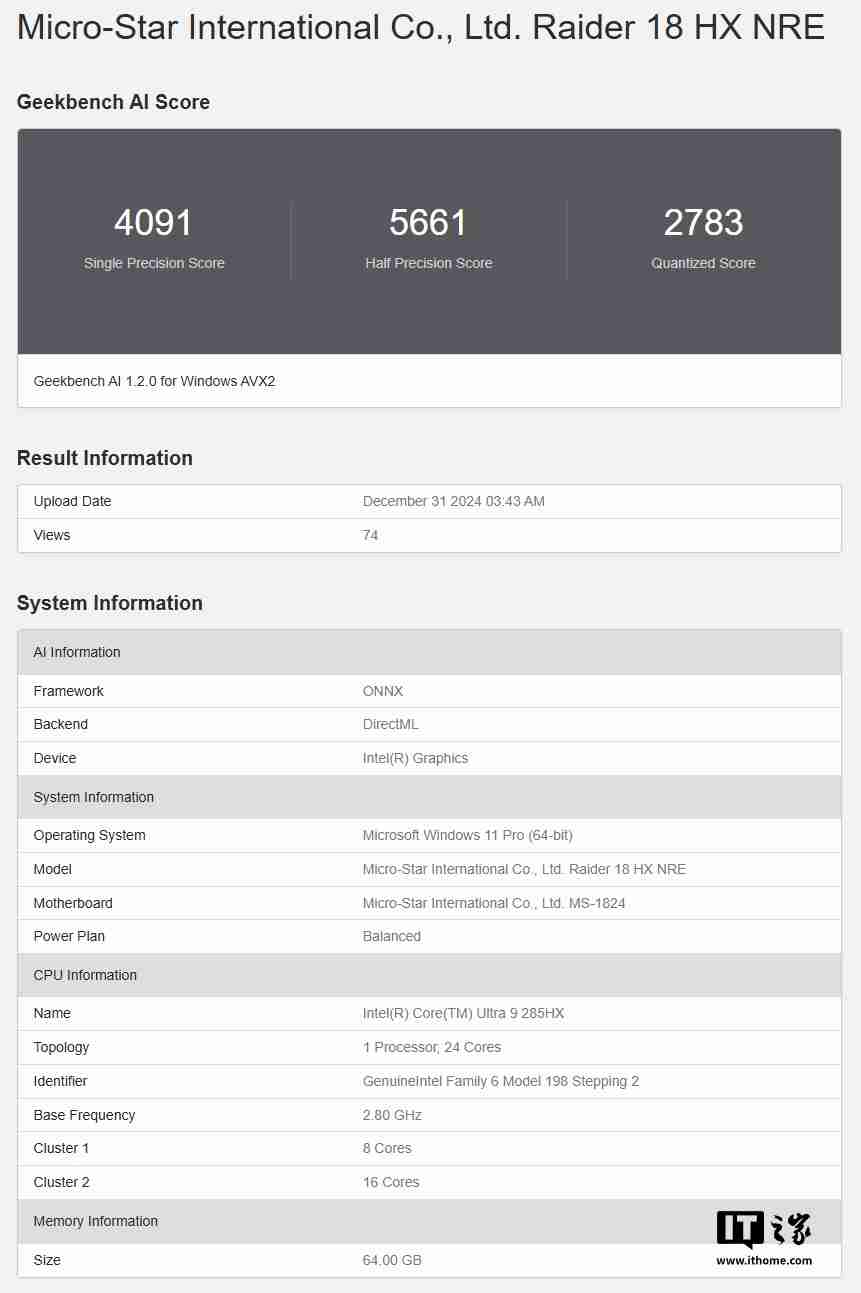 微星泰坦 18 Pro 游戏本新品现身 Geekbench，搭载英特尔酷睿 Ultra 9 285HX 和 RTX 4070